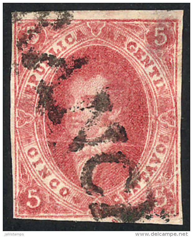 GJ.32, 5 C. 7th Printing Imperforate, Rose-claret, With FRANCA Cancel Of Goya In Black, Thin On Back, Good Front! - Gebraucht