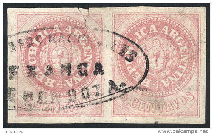 GJ.7, 5 C. With Accent Over The U, Light Rose, Pair With Ellipse Cancel Of "Correo Nacional De Mendoza - Franca" In... - Gebraucht