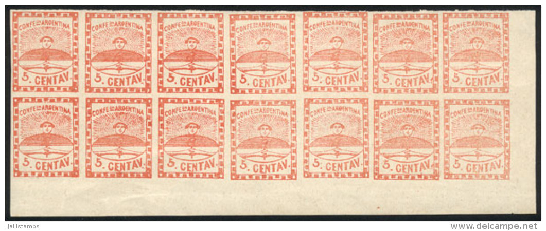 GJ.1, 5 C. Small Figures, Corner Block Of 14, With Shading Color Variety (darker At Left!), Mint Original Gum: 13... - Ungebraucht