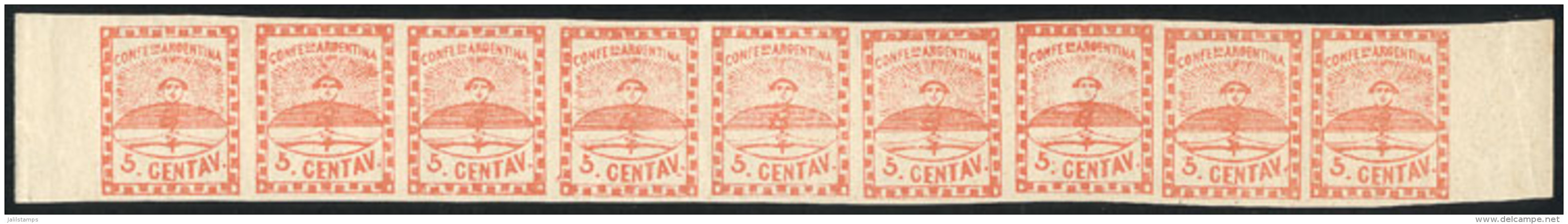 GJ.1, 5 C. Small Figures, Marginal Strip Of 9, Mint Original Gum: 8 Examples MNH And 1 Hinged, VF! - Ungebraucht