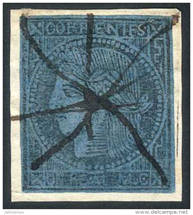 GJ.1, Un Real MC Blue, On Fragment Tied By Pen Cancel, Very Attractive! Catalog Value US$60. - Corrientes (1856-1880)
