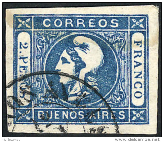 GJ.22, 2$ Blue, Semi-clear Impression, With Double Circle Datestamp Of Buenos Aires In Black, VF! Catalog Value... - Buenos Aires (1858-1864)