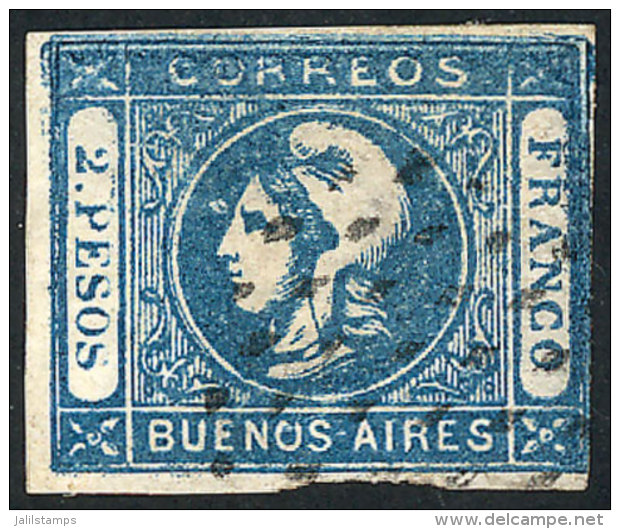 GJ.22, 2$ Blue, With Dotted Lozenge Cancel Of Buenos Aires In Black, Defects. - Buenos Aires (1858-1864)