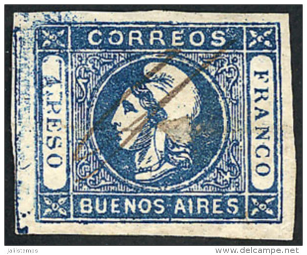 GJ.17b, 1$ Blue, Semi-clear Impression, Partial Double Impression Variety, Pen Cancelled, Minor Thin, Very Good... - Buenos Aires (1858-1864)