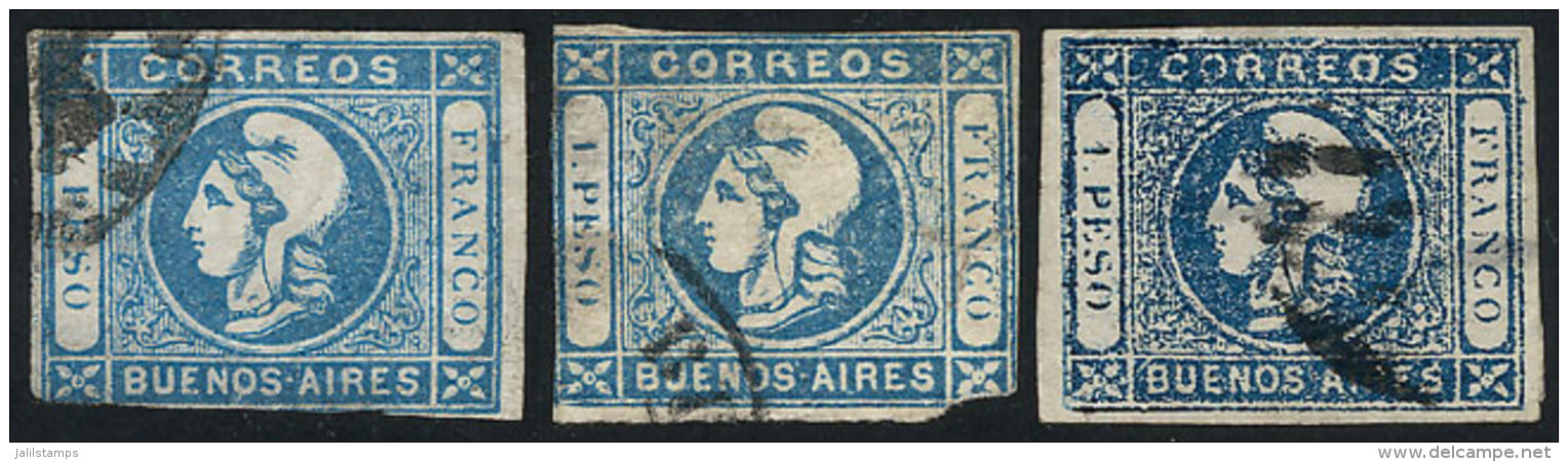 GJ.17, 1$ Blue, Worn Impression, 3 Used Examples In Different Shades, With Defects. - Buenos Aires (1858-1864)