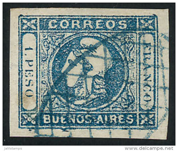 GJ.17, 1$ Blue, Worn Impression, With Blue Grid Cancel Of Buenos Aires, With A Stain Spot. - Buenos Aires (1858-1864)
