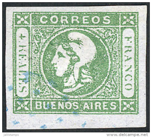 GJ.16, 4R. Light Yellow-green, Worn Impression, Used With Dotted Cancel Of Buenos Aires In Blue, Four Margins, VF!... - Buenos Aires (1858-1864)
