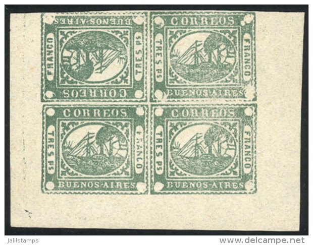 GJ.6, Tres Ps Green, Forged Block Of 4, One Example Inverted Producing Vertical And Horizontal Tete-beches,... - Buenos Aires (1858-1864)