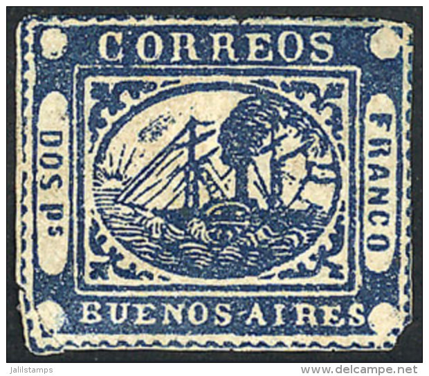 GJ. 5, 2 Ps. Blue, Mint Without Gum, With Defects, Nice Front, Good Opportunity! Catalog Value US$300. - Buenos Aires (1858-1864)