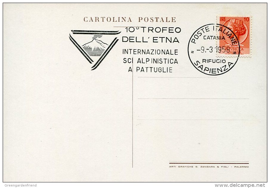 7553 Italia, Special Card And Postmark 1958 Catania, Rifugio Sapienza  Etna Trophy, Katana Cup 1958 Ski, Sci, - Ski