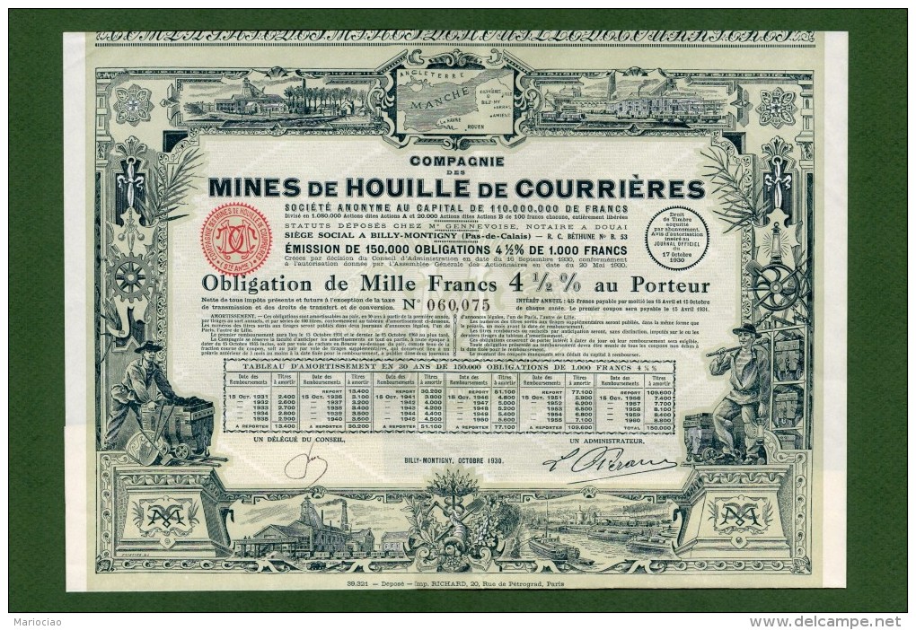 T-FR Mines De Houille De Courrières 1930 Billy-Montigny -Obligation - Autres & Non Classés