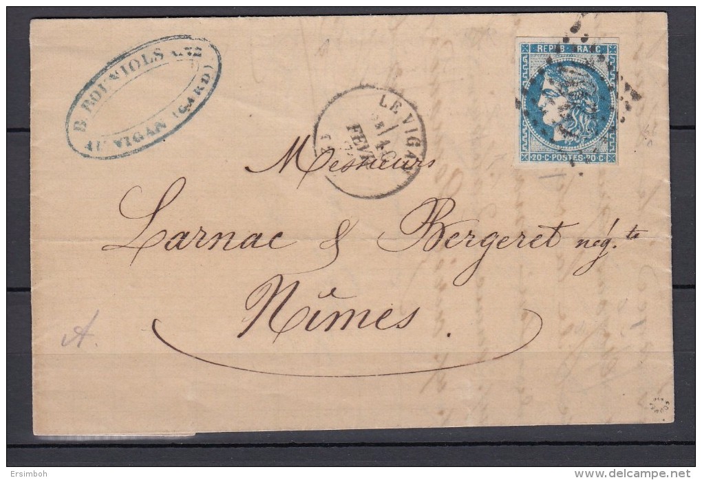 LAC N46c T3 R1 Bleu Gris Foncé Le Vigan--Nimes Cote Maury 450€. Signée Roumet - 1870 Ausgabe Bordeaux