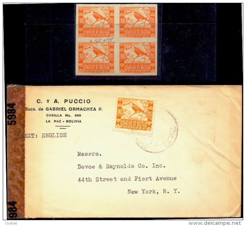 BIRDS-TOCO TOUCAN-PROOF IMPERF BLOCK OF 4 (MNH) + CENSORED COVER TIED WITH THE STAMP-BOLIVIA-1939-RARE-D1-10 - Piciformes (pájaros Carpinteros)