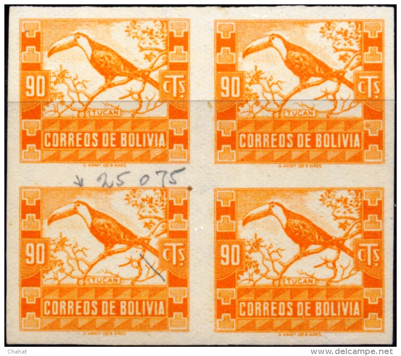 BIRDS-TOCO TOUCAN-PROOF IMPERF BLOCK OF 4 (MNH) + CENSORED COVER TIED WITH THE STAMP-BOLIVIA-1939-RARE-D1-10 - Pics & Grimpeurs