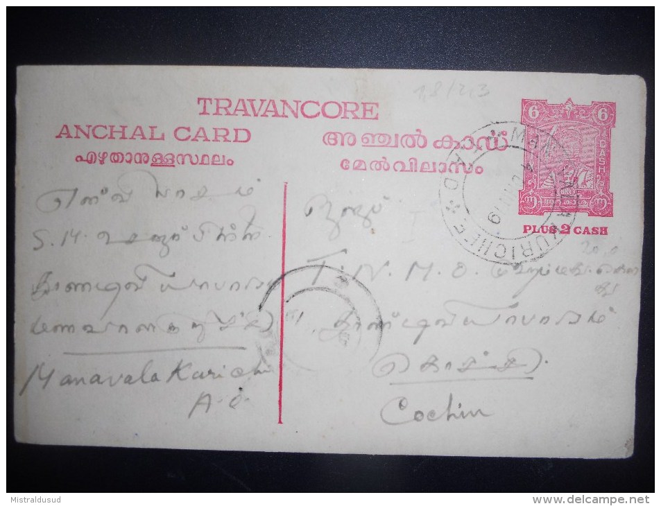 Travancore , Carte De 1919 - Travancore-Cochin