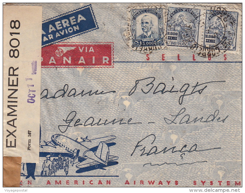 Lettre Brasil Censure Via Aérograma + Etiquette PANAIR >> France 1945 - Cartas & Documentos