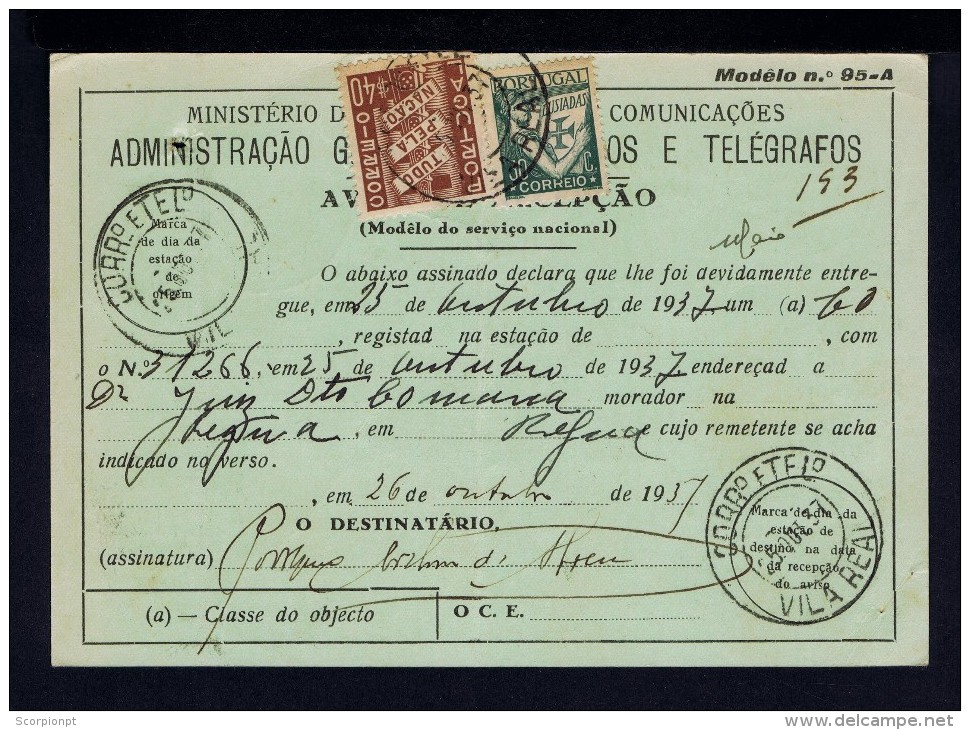 PESO DA REGUA VILA REAL Mod.nº95-A RARE AVISO DE RECEPÇÂO De Entrega 1937 AVIS DE RECPETION De Livraison Portugal Sp3911 - Lettres & Documents