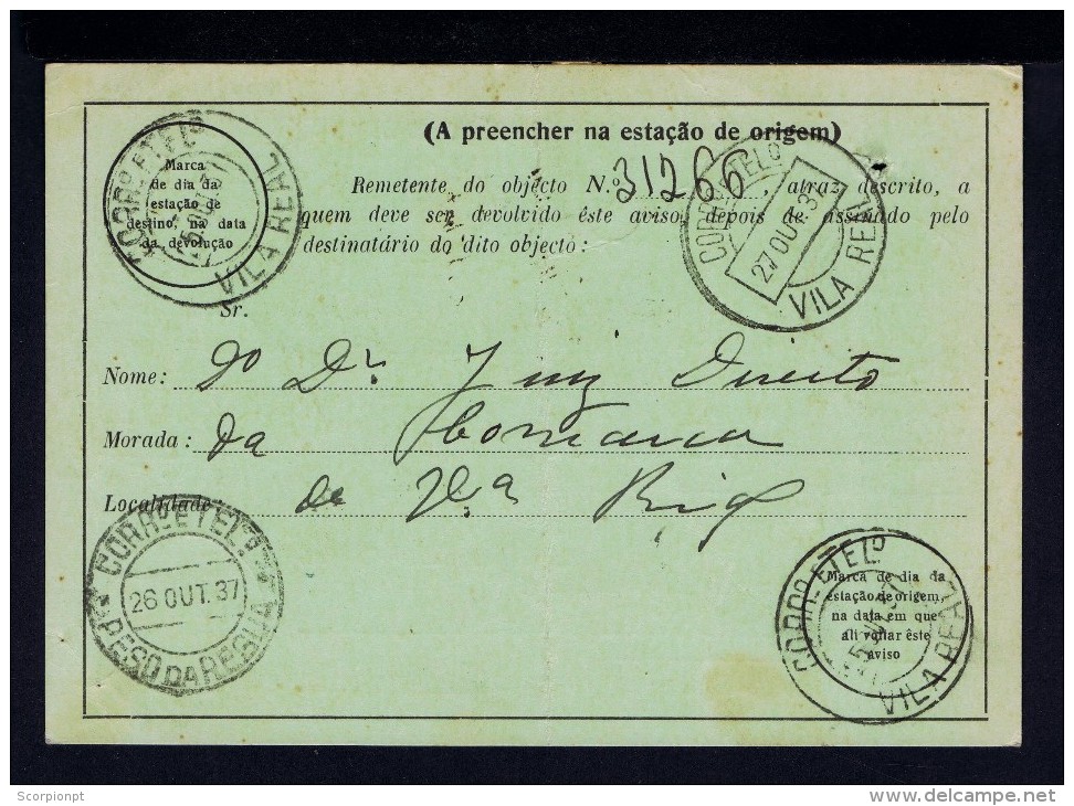 PESO DA REGUA VILA REAL Mod.nº95-A RARE AVISO DE RECEPÇÂO De Entrega 1937 AVIS DE RECPETION De Livraison Portugal Sp3911 - Lettres & Documents