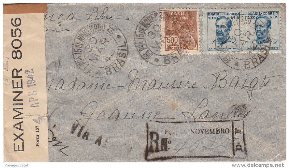Lettre Brasil Censure Recommandé 1944 France Libre - Briefe U. Dokumente