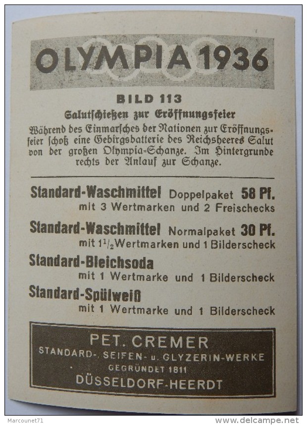 VIGNETTE JEUX OLYMPIQUES J.O BERLIN OLYMPIA 1936 PET CREMER DUSSELDORF BILD 113 BATTERIE DE CANONS - Trading Cards