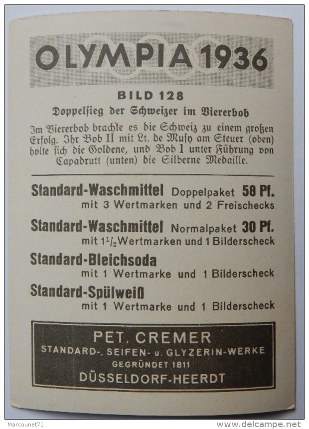 VIGNETTE JEUX OLYMPIQUES J.O Garmisch-Partenkirchen OLYMPIA 1936 PET CREMER DUSSELDORF BILD 128 BOBSLEIGH SUISSE - Trading Cards