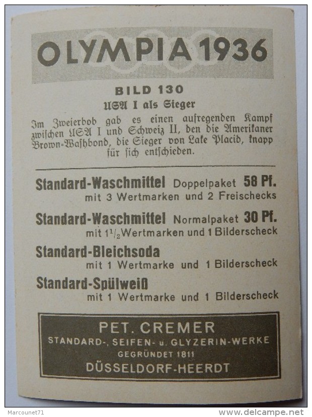 VIGNETTE JEUX OLYMPIQUES J.O Garmisch-Partenkirchen OLYMPIA 1936 PET CREMER DUSSELDORF BILD 130  BOBSLEIGH USA - Trading Cards