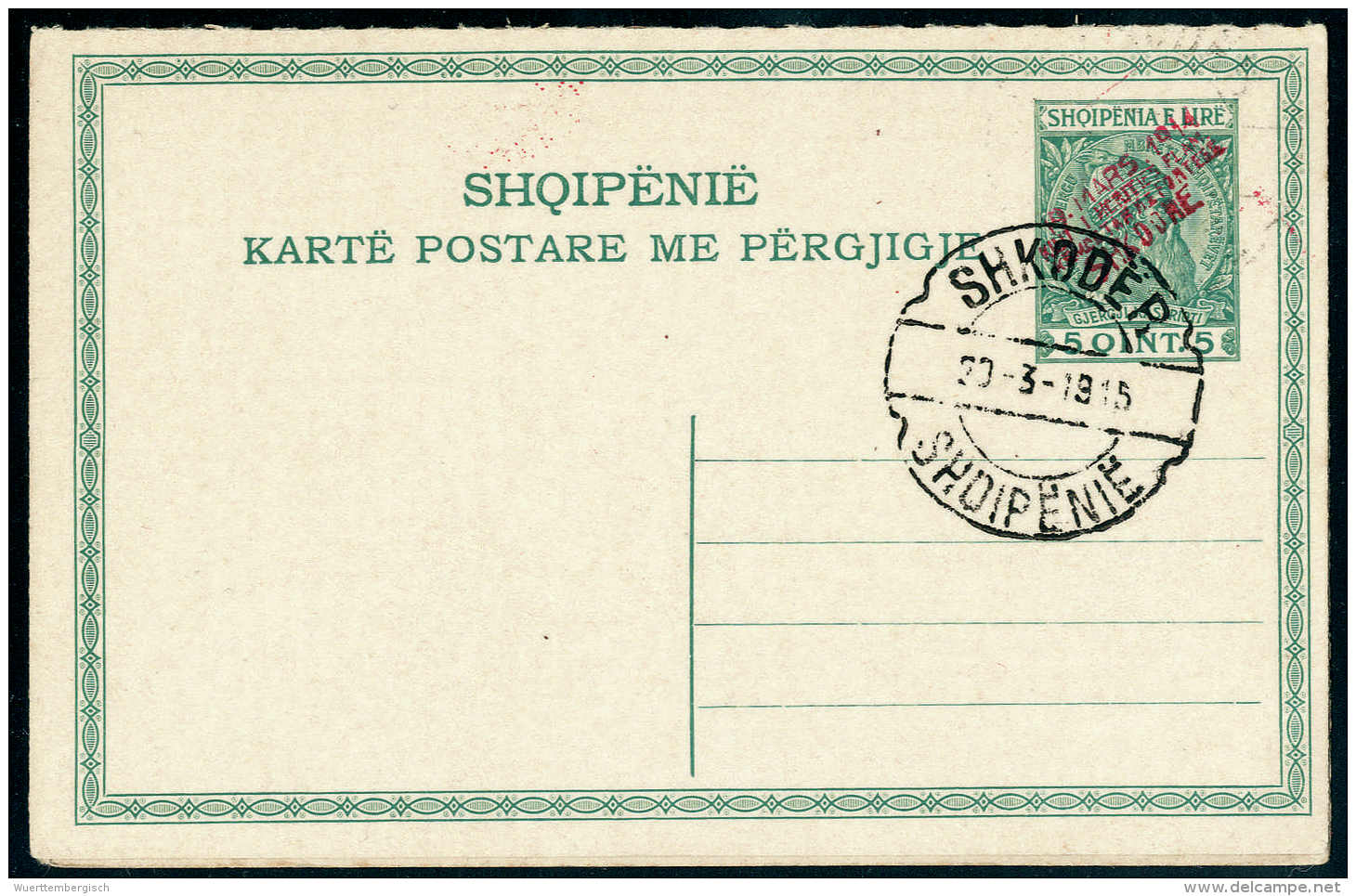 Beleg 5 Q., Doppelkarte Mit Vierzeiligem, Rotem Aufdruck, Blanko, Mit Stempel SHKODER 2o/3 1915 Auf Frage- Und... - Other & Unclassified