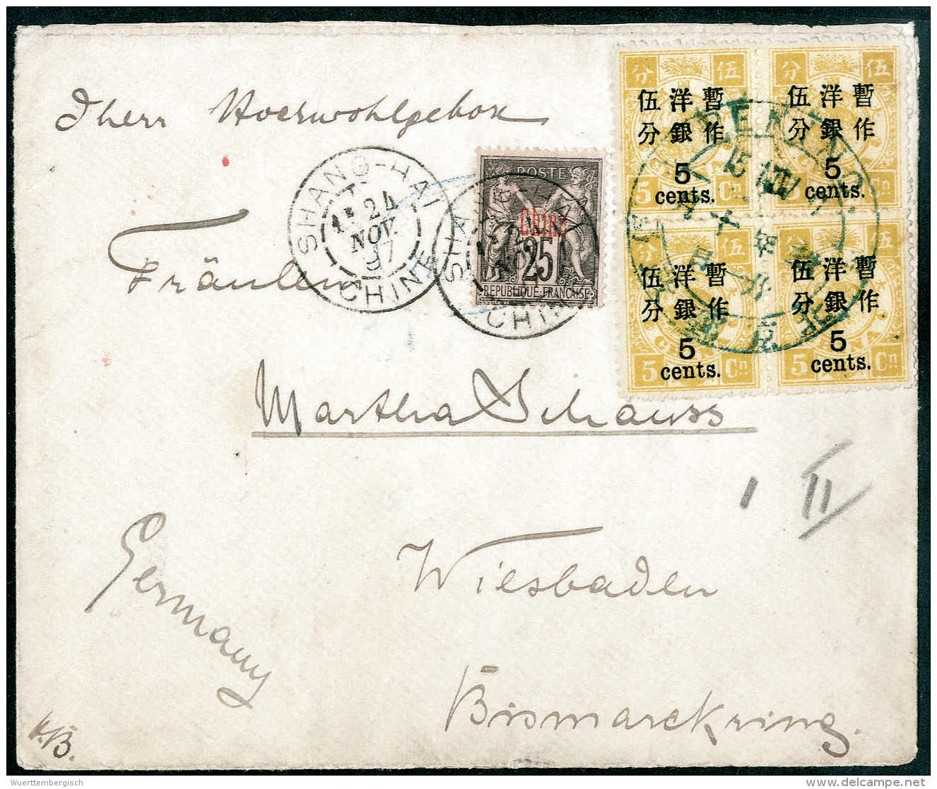 5 C. A. 5 Ca. Olivgelb, Zwei Waagr. Paare In Doppelfrankatur Mit Franz.Post China 25 C. A. Rosa Auf Brief Nach... - Autres & Non Classés