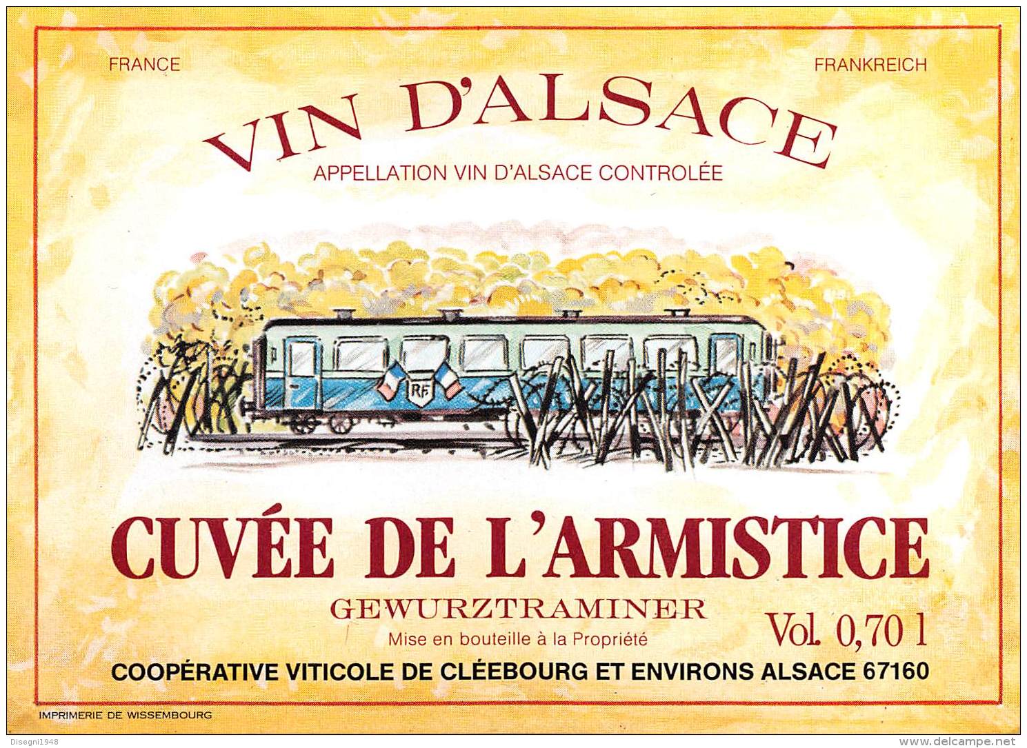 05190  "CUVEE DE L'ARMISTICE - GEWURZTR.  - COOP. VITIC. DE CLEEBOURG" ETICH. ORIG. CON TRENO - ORIG. LABEL WITH TRAIN - Gewürztraminer