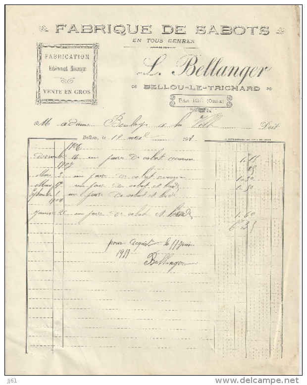 BELLOU LE TRICHARD ORNE PAR IGE L BELLANGER FABRIQUE DE SABOTS ENTIEREMENT MECANIQUE ANNEE 1906 - Autres & Non Classés