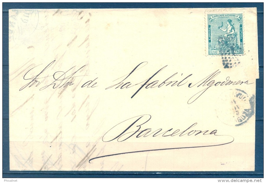 1873 , ZARAGOZA , CARTA CIRCULADA ENTRE CALATAYUD Y BARCELONA , MAT. ROMBO , ED. 133 - Brieven En Documenten