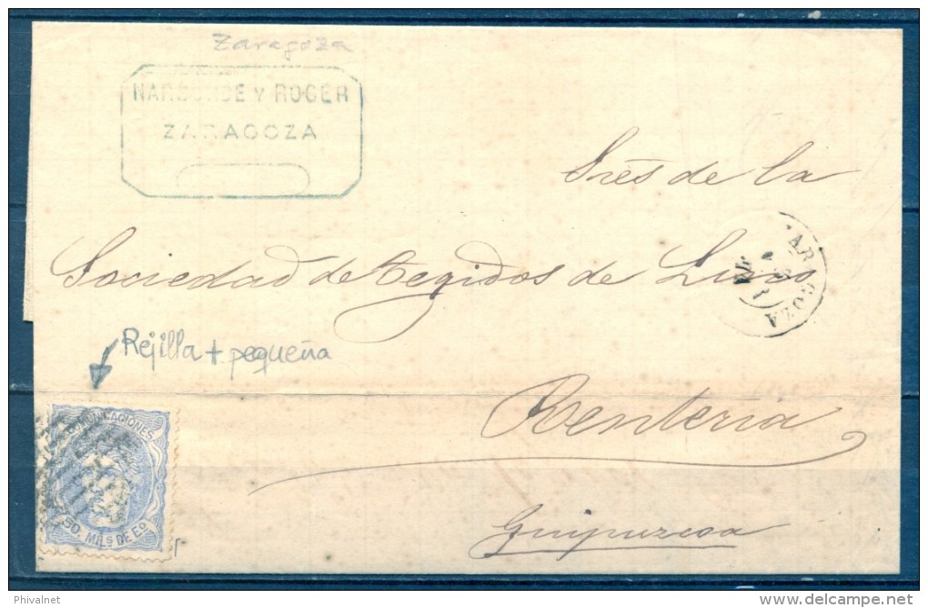 1871 , ZARAGOZA , CARTA CIRCULADA A RENTERIA , ED. 107 , MAT. REJILLA. - Cartas & Documentos