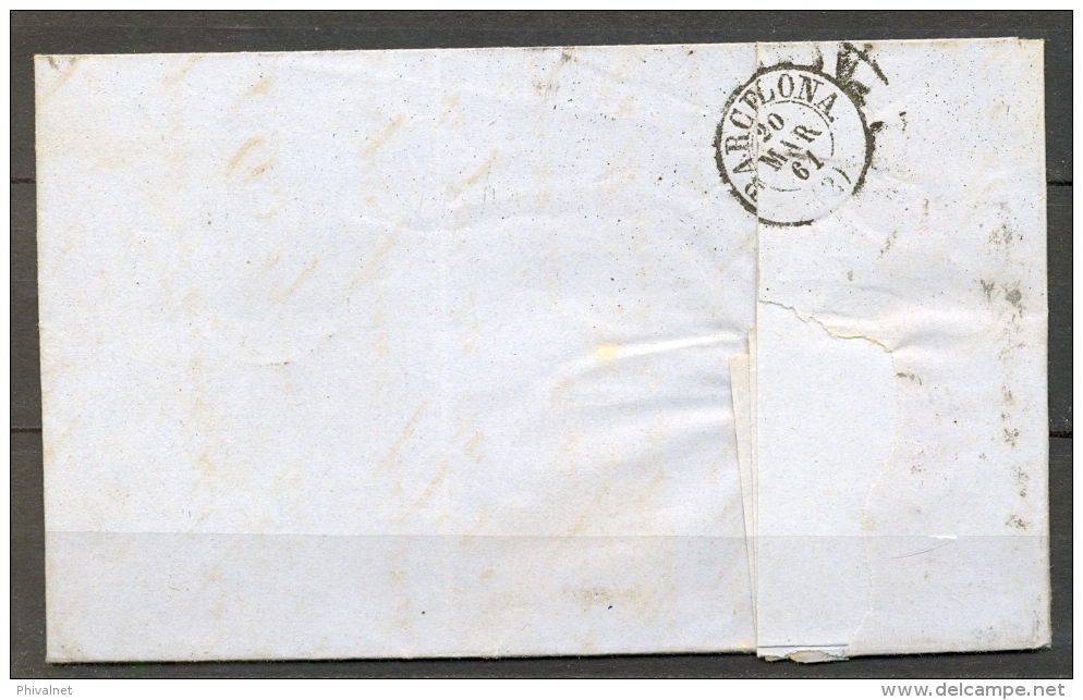 1861 , ZARAGOZA , CARTA CIRCULADA A BARCELONA , MAT. RUEDA DE CARRETA Nº 15 , LLEGADA - Briefe U. Dokumente