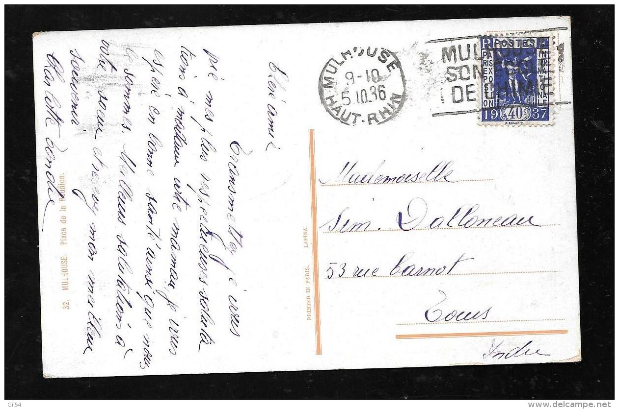 Yvert N°324 AU DOS D'une Cpa De Mulhouse, Place De La Réunion  En Octobre 1936  - Pma2208 - Covers & Documents