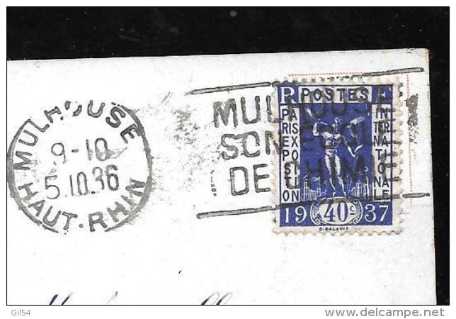 Yvert N°324 AU DOS D'une Cpa De Mulhouse, Place De La Réunion  En Octobre 1936  - Pma2208 - Lettres & Documents