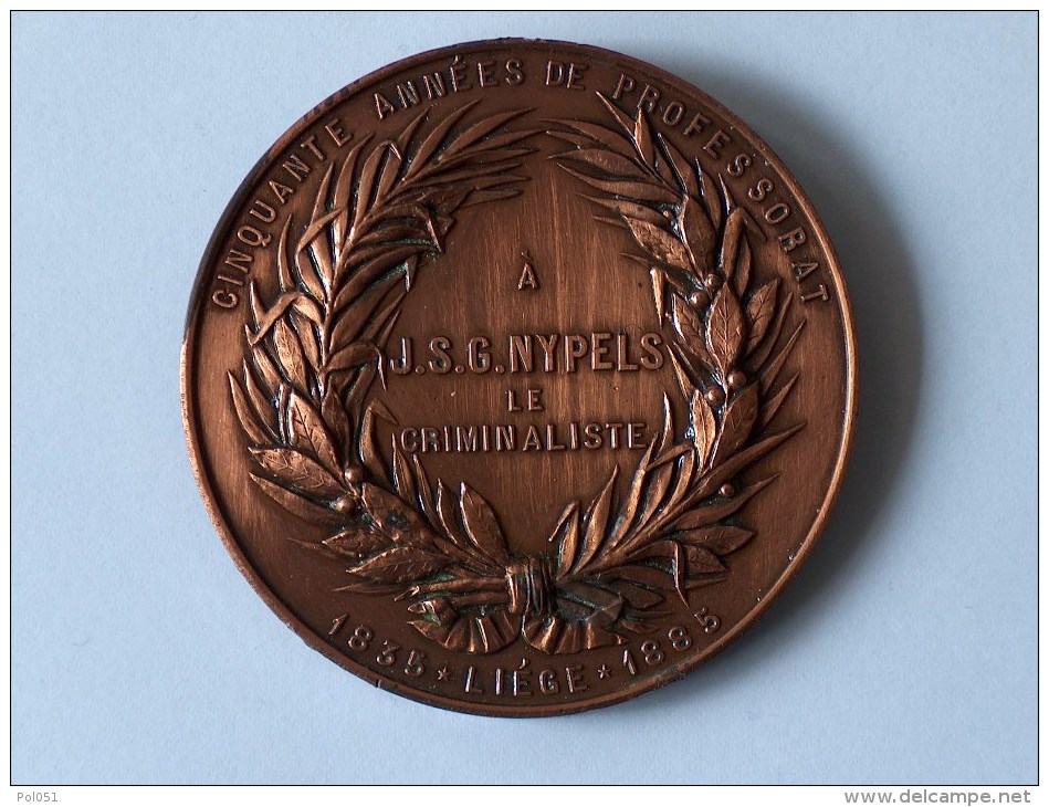 MEDAILLE CINQUANTE ANNEES DE PROFESSORAT A J.S.G. NYPELS LE CRIMINALISTE 1835 LIEGE 1885 - Profesionales / De Sociedad