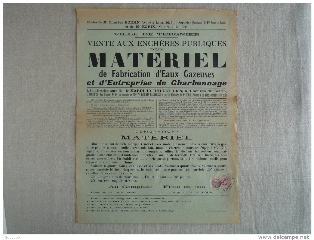 Vente Aux Enchères Publiques Eaux Gazeuses Charbonnage Tergnier 1938 Le Courrier De L'Aisne Laon. Poulain Lacombled. - Affiches