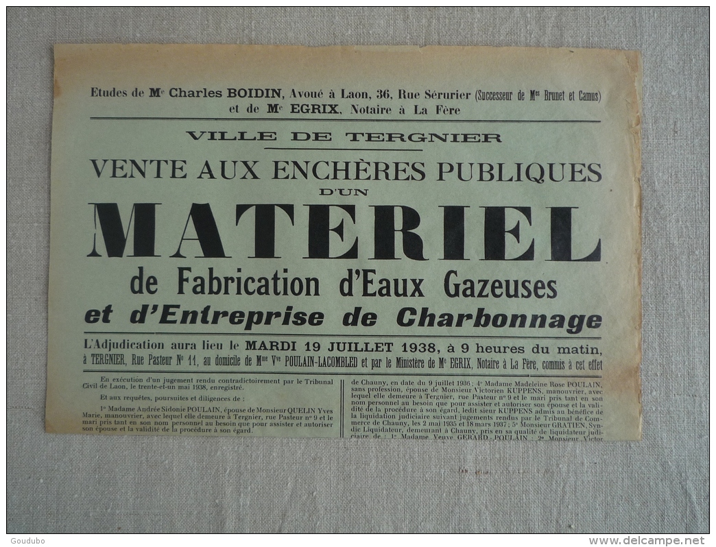 Vente Aux Enchères Publiques Eaux Gazeuses Charbonnage Tergnier 1938 Le Courrier De L'Aisne Laon. Poulain Lacombled. - Affiches