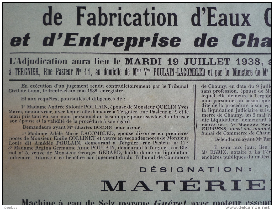 Vente Aux Enchères Publiques Eaux Gazeuses Charbonnage Tergnier 1938 Le Courrier De L'Aisne Laon. Poulain Lacombled. - Posters