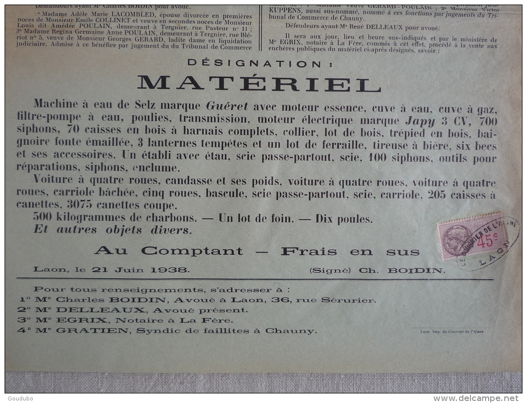 Vente Aux Enchères Publiques Eaux Gazeuses Charbonnage Tergnier 1938 Le Courrier De L'Aisne Laon. Poulain Lacombled. - Posters