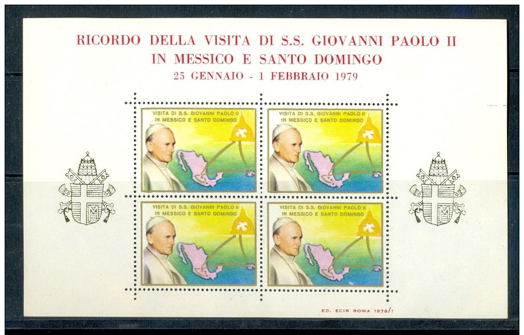 VATICAN CINDERELLA BLOCK 4v VISIT POPE JOHN PAUL II TO SANTO DOMINGO 1979 * COAT OF ARMS * MAP * MNH - Blokken & Velletjes