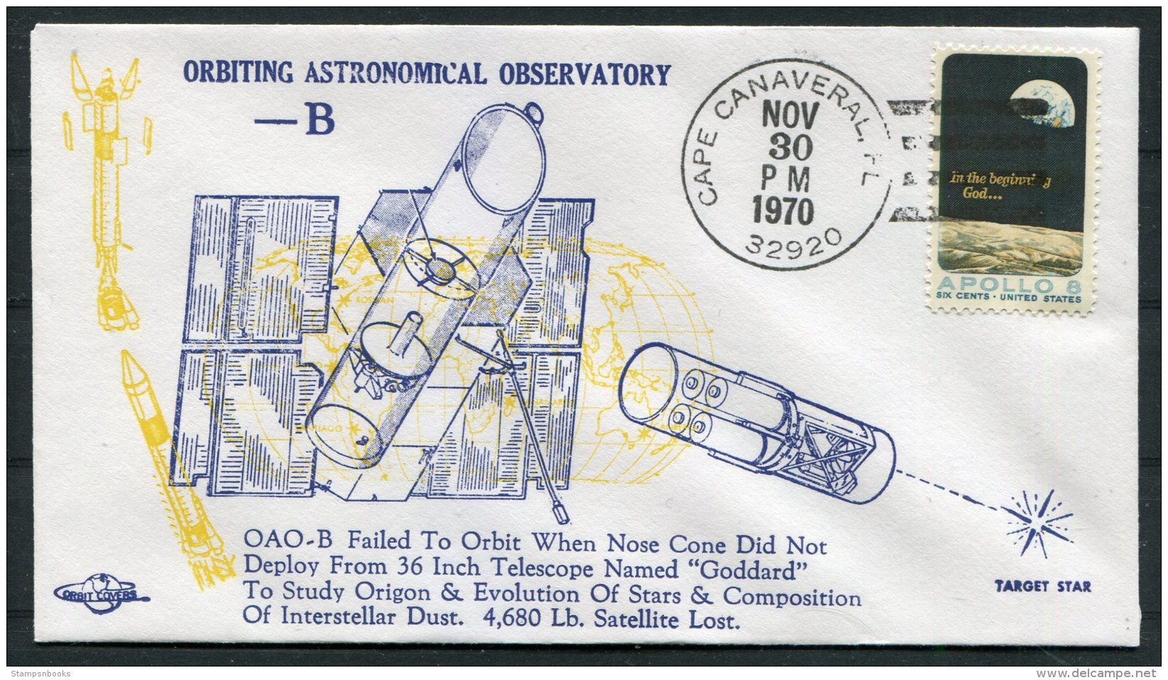 1970 USA Cape Canaveral Space Rocket Cover - OAO - B - United States