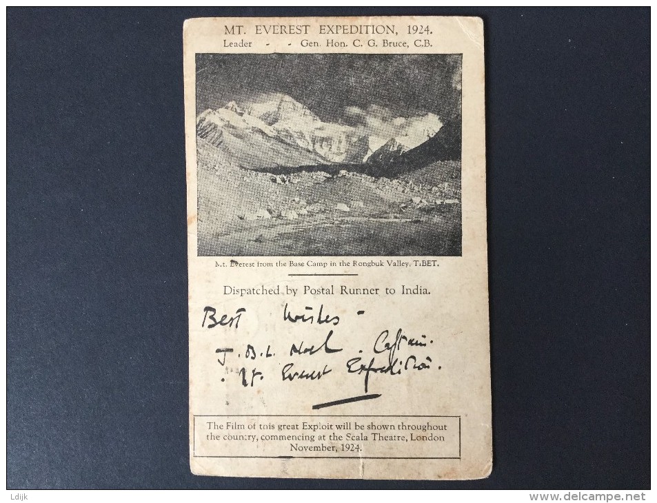 1924 Mount Everest Expedition Postcard Witl Special Cancel Rongbuk Glacier Main Camp On Dark Blue! Vignet . - Arrampicata