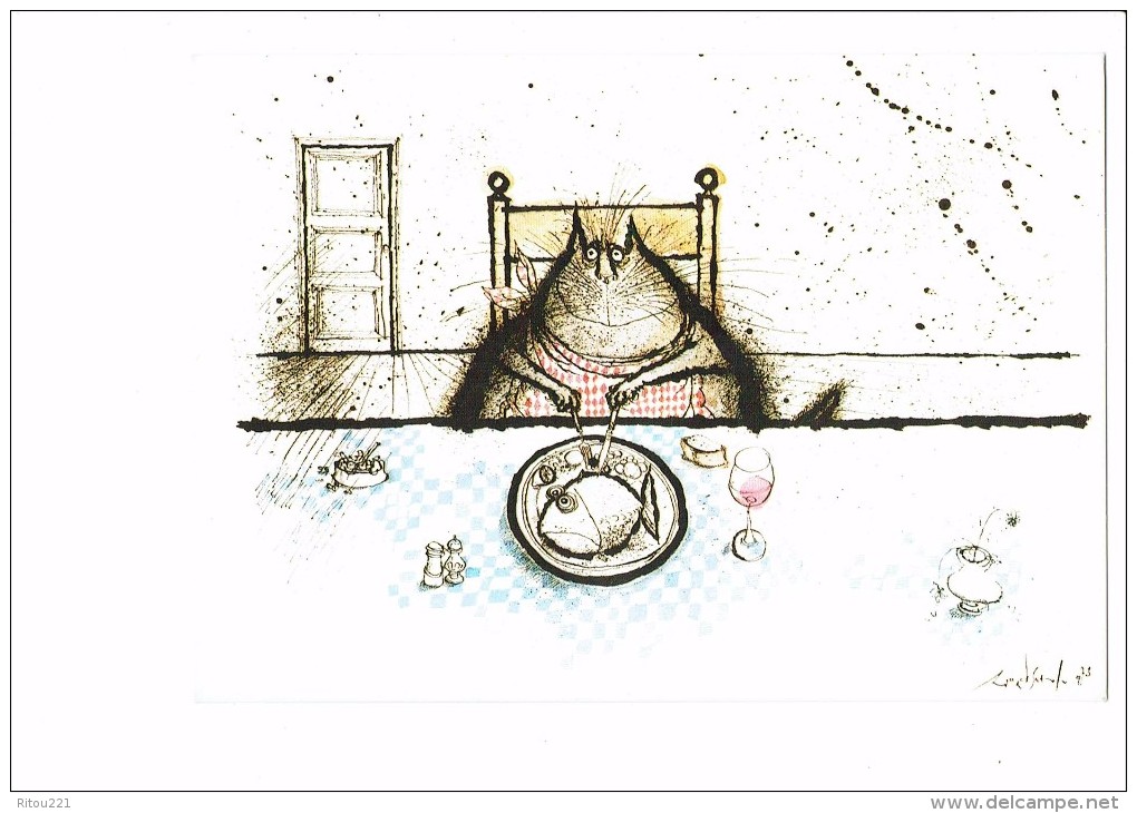 Illustration Ronald Searle - Comme Il Est Adorable - Repas Chat Poisson - Animaux Habillés