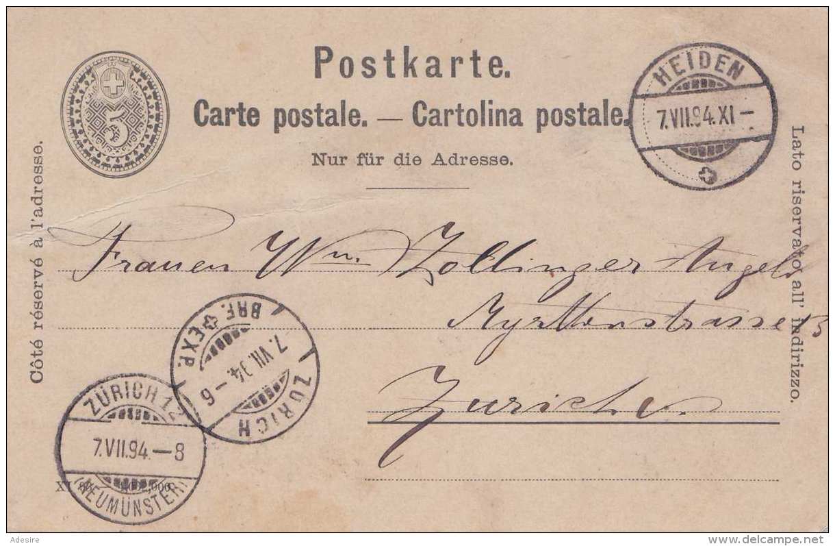 SCHWEIZ 1894 - 5 C Ganzsache Auf Pk Gel.v.Heiden &gt; Zürich - Briefe U. Dokumente