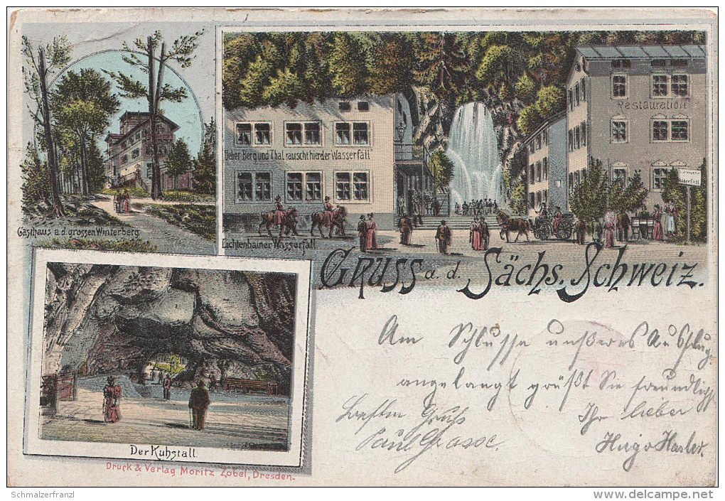 Litho AK Gruss Sächsische Schweiz Beuthenfall Kirnitzschtal Gasthof Wasserfall Kuhstall Winterberg Baude Bei Lichtenhain - Kirnitzschtal