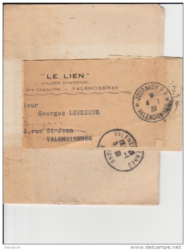 Valenciennes  1939 Journal " Le Lien" Bande Avec Cachet "JOURNAUX PP"  - 2 Scan - Altri & Non Classificati