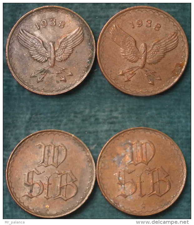 M_p> Lotto Gettoni 2 Pezzi, 1938 , Peso Tot. 8,5 Grammi,simbolo Ruota Alata,penso Ungherese - Monetary /of Necessity