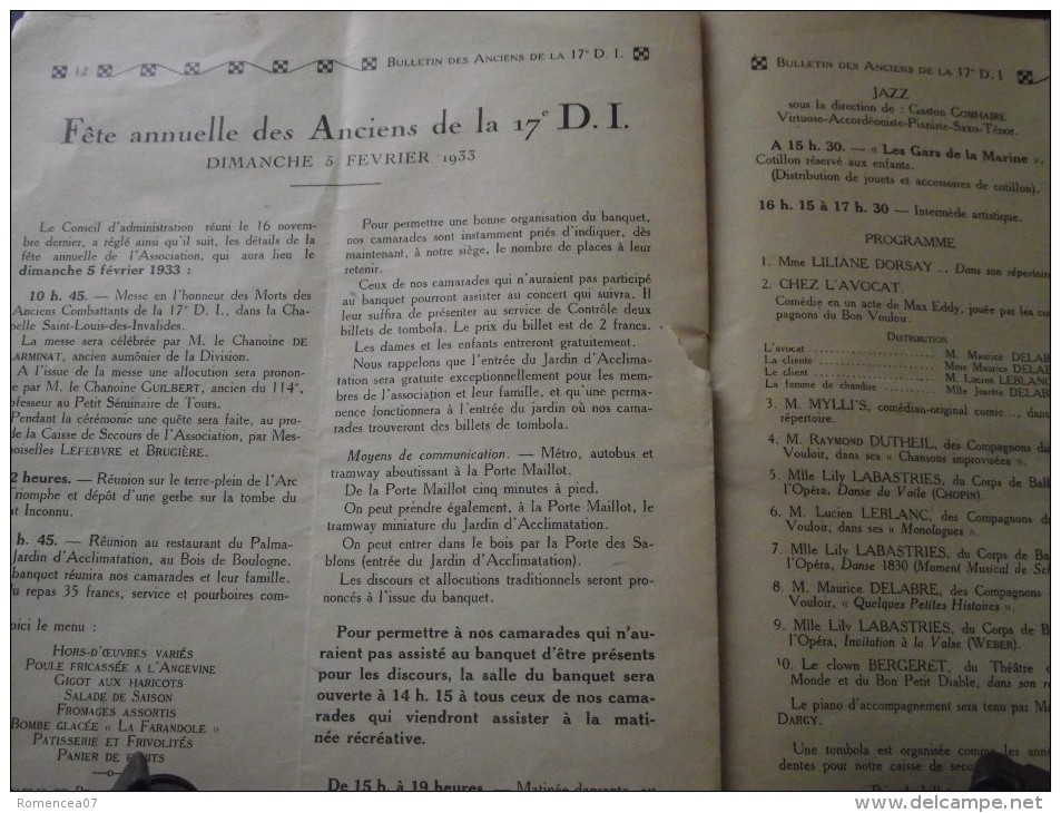 Les ANCIENS de la 17e DI (DIVISION d'INFANTERIE) - Bulletin Périodique de Janvier 1933 - Militaria - Guerre 1914-18 -WW1