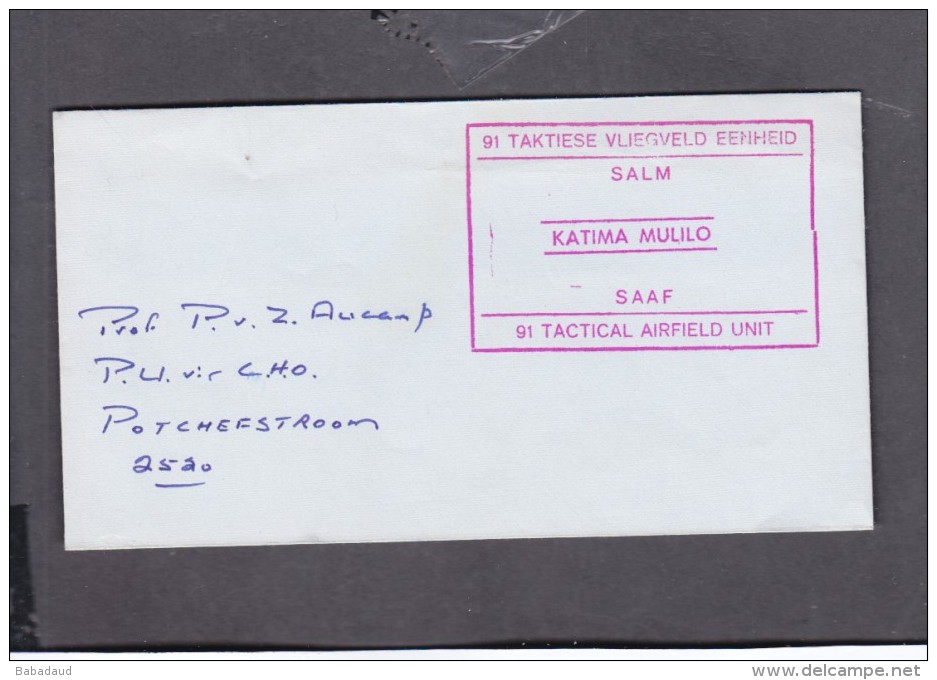 South African Air Force 91 TACTICAL AIRFIELD UNIT KATIMA MULINO, Undated Cachet On Addressed Envelope - South West Africa (1923-1990)